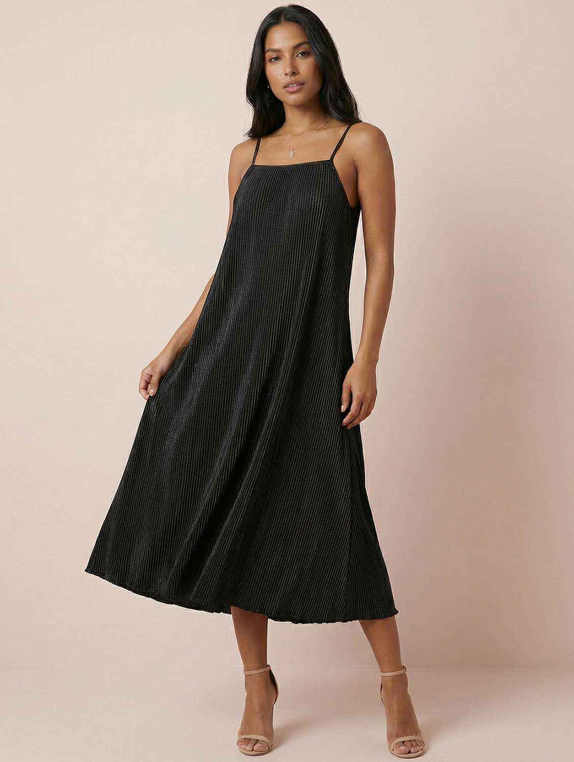 women solid shoulder strap a-line dress