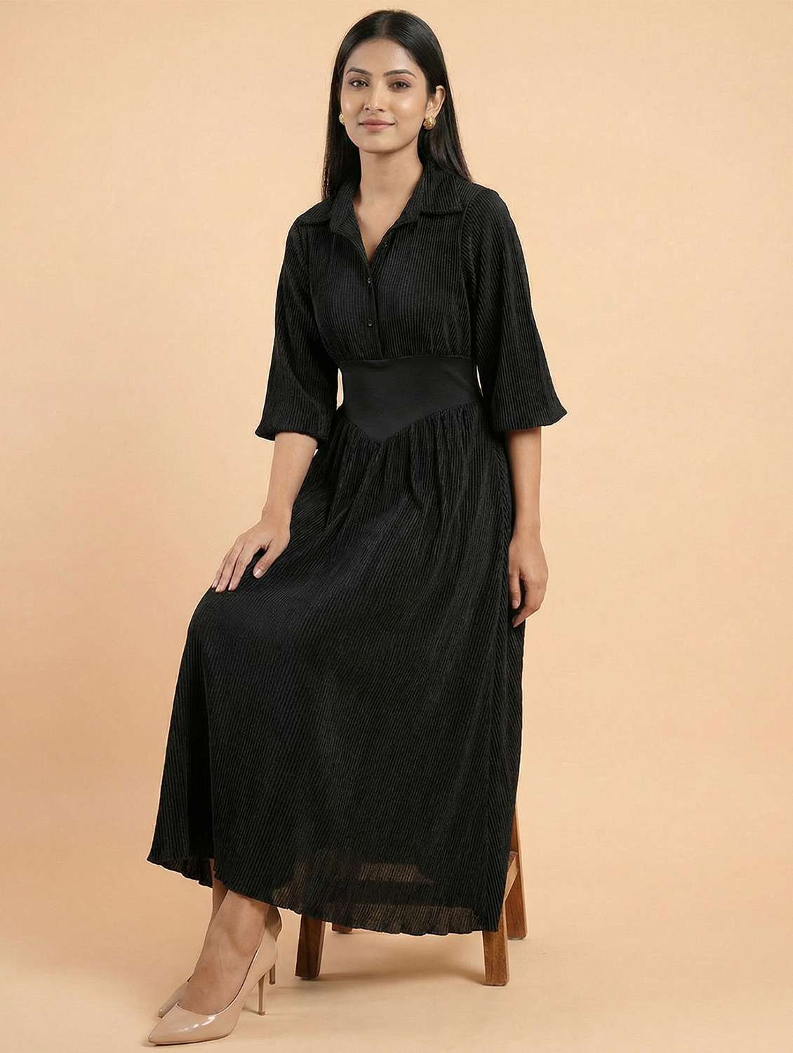 women solid collared fit & flared dress - 22397381 -  Standard Image - 2