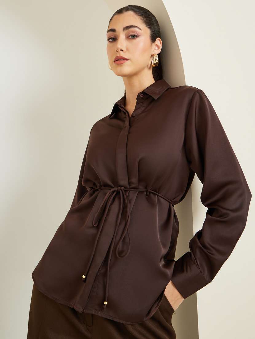 women solid collared long sleeve shirt