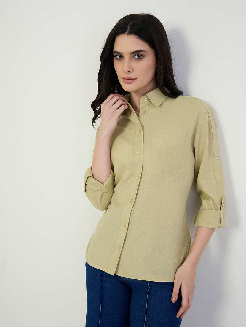 women solid roll up sleeve back tie up shirt - 22397805 -  Standard Image - 2