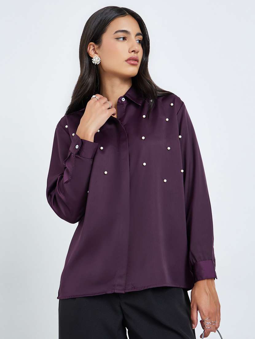 Women Embellished Collared Long Sleeve Shirt - 22397808 -  Standard Image - 2