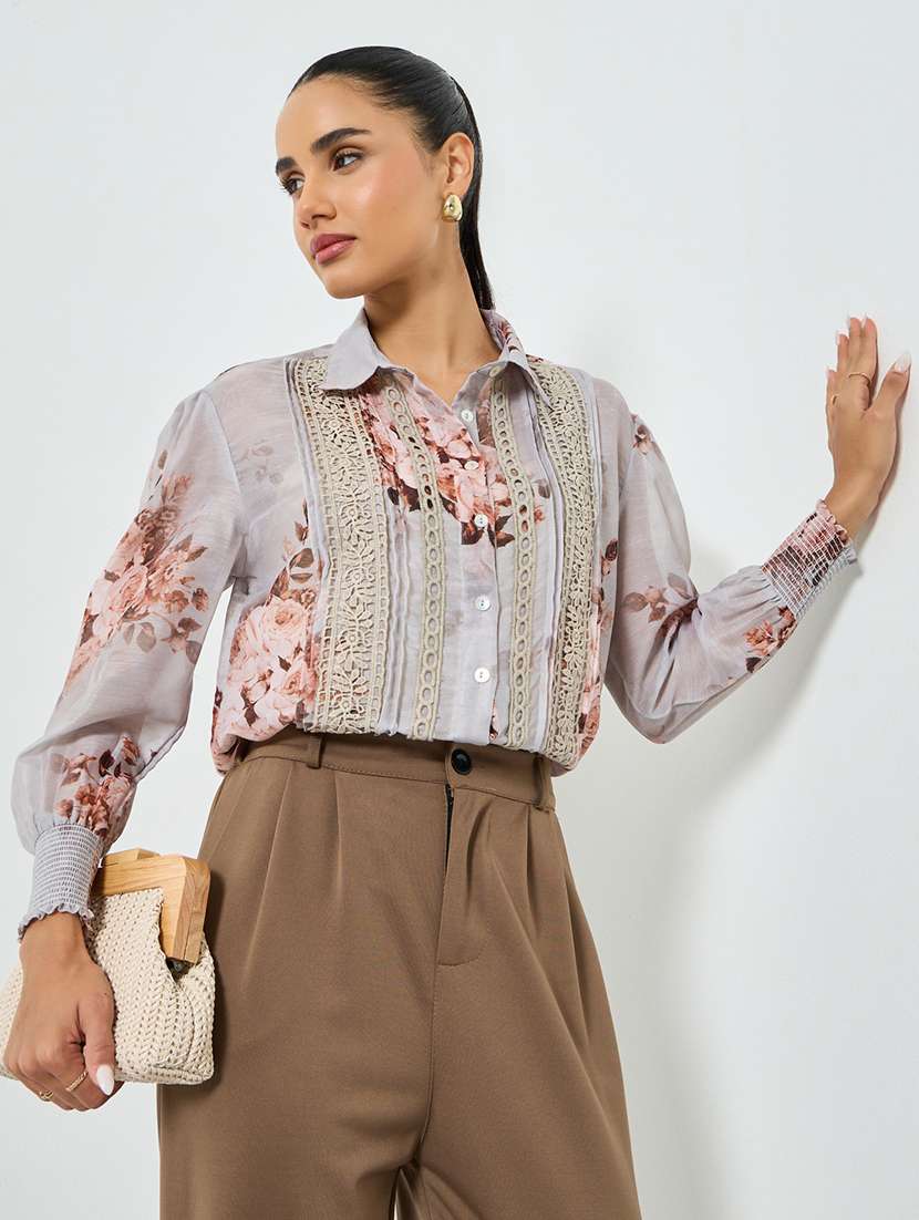 women floral print collared long sleeve shirt