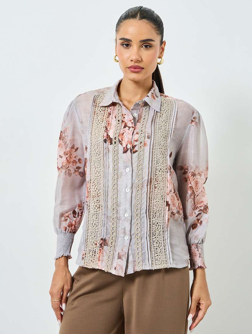 women floral print collared long sleeve shirt - 22397811 -  Standard Image - 2