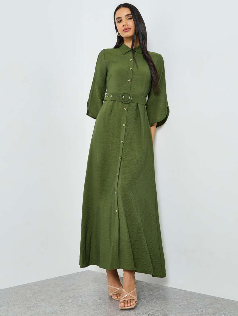 women solid collared belted shirt dress - 22397817 -  Standard Image - 2
