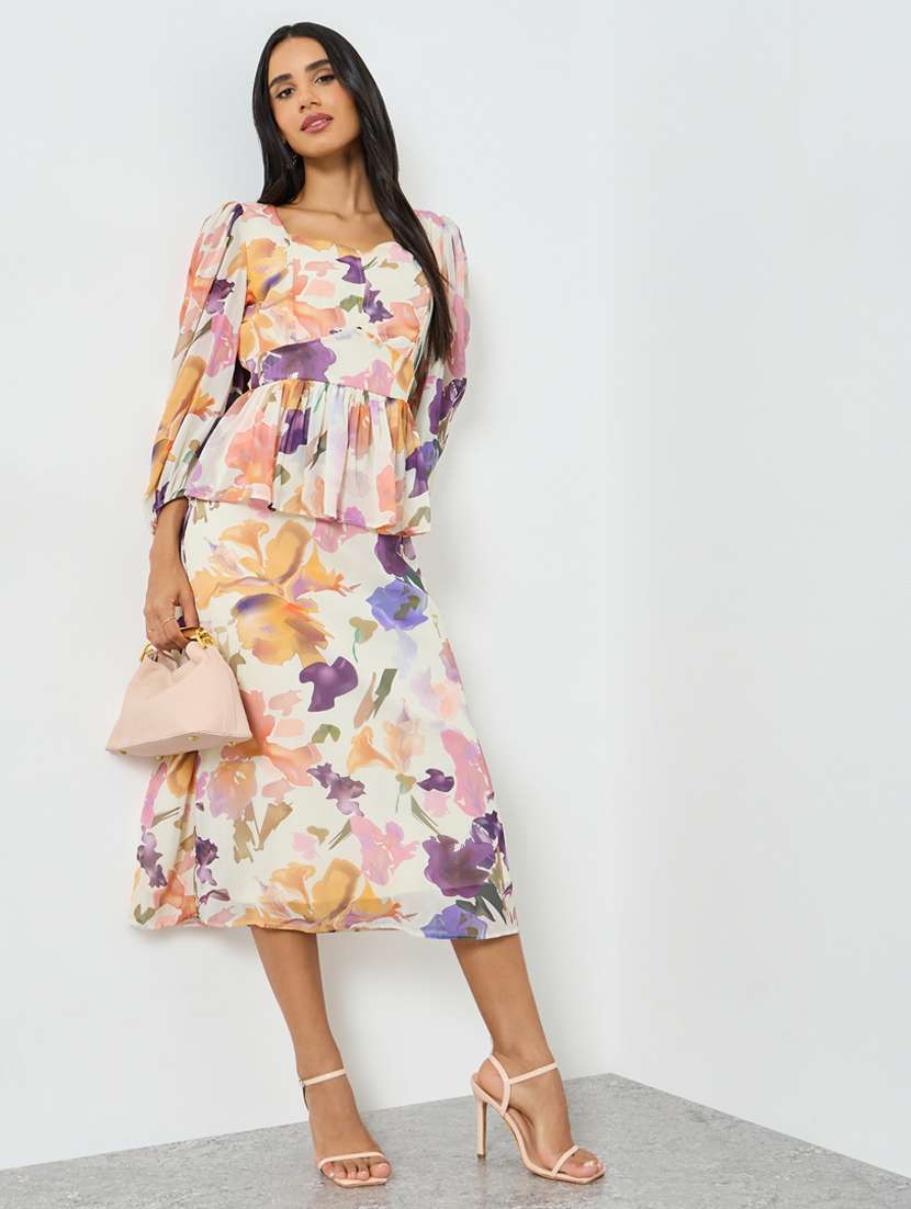women printed puff sleeve peplum dress