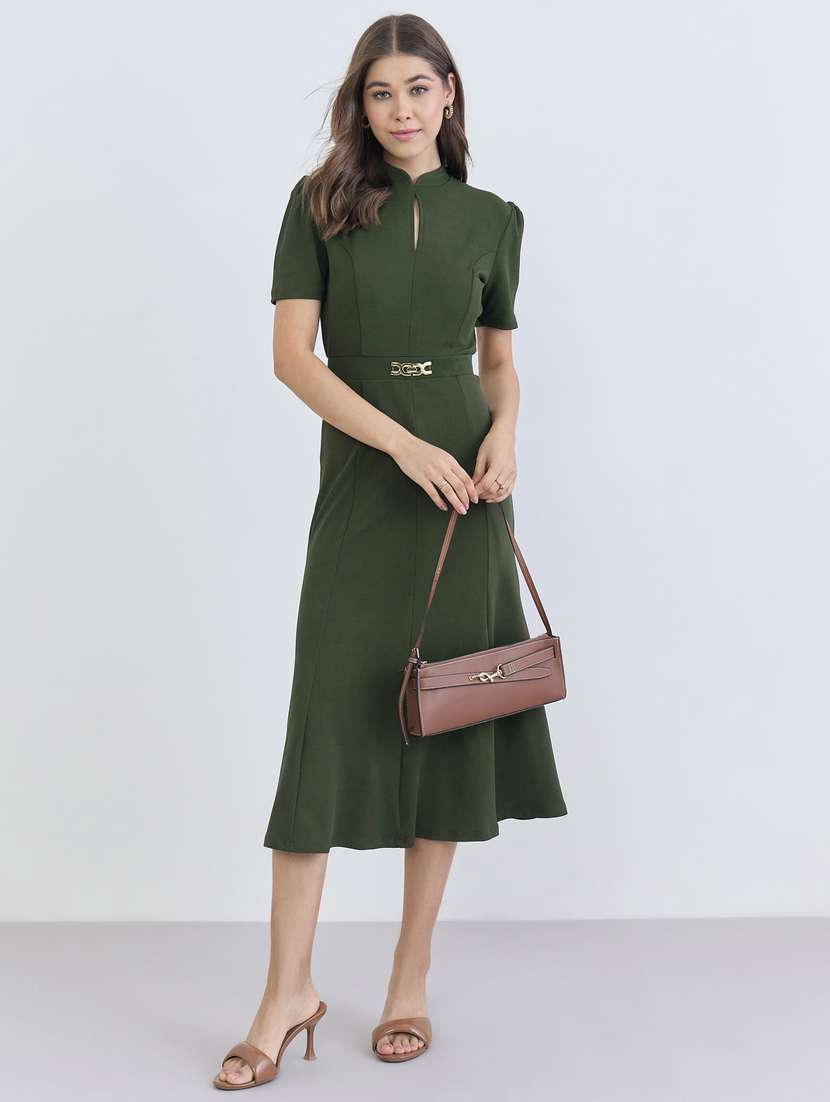 women solid puff sleeve a-line dress