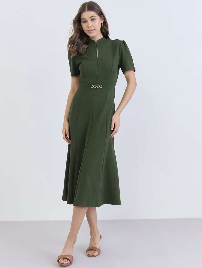 women solid puff sleeve a-line dress - 22397830 -  Standard Image - 2