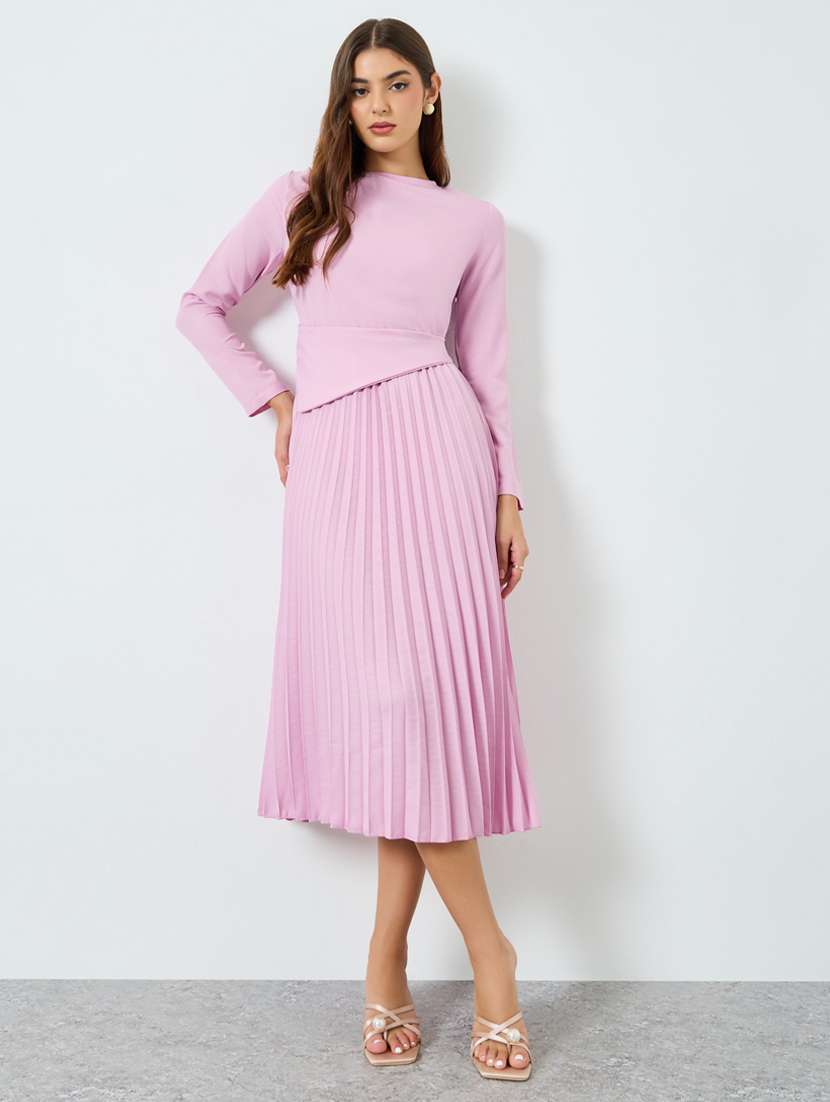 women solid long sleeve a-line dress