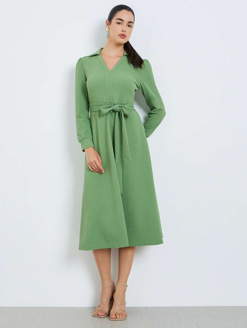 women solid collared puff sleeve a-line dress - 22397837 -  Standard Image - 2