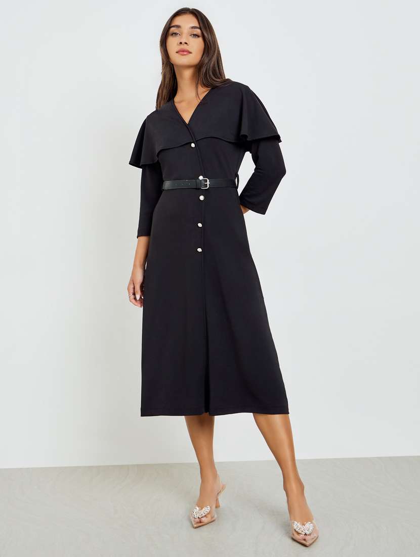 women solid three quarter sleeve shirt dress - 22397839 -  Standard Image - 2