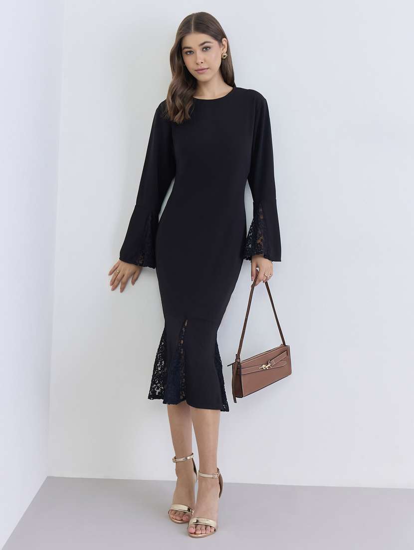 women solid bell sleeve bodycon dress