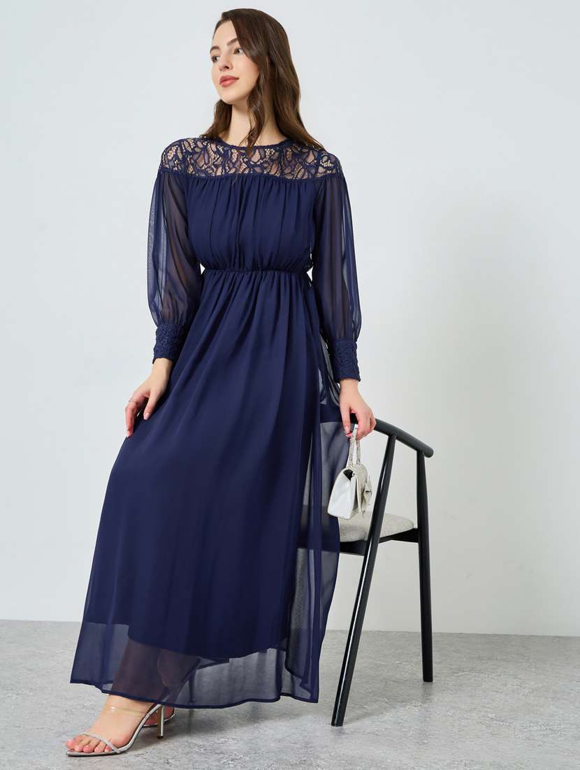 women solid bishop sleeve lace detailed a-line dress