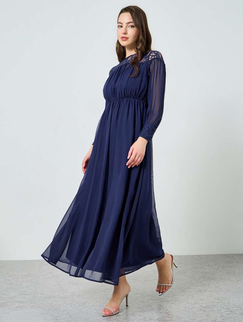 women solid bishop sleeve lace detailed a-line dress - 22397845 -  Standard Image - 2