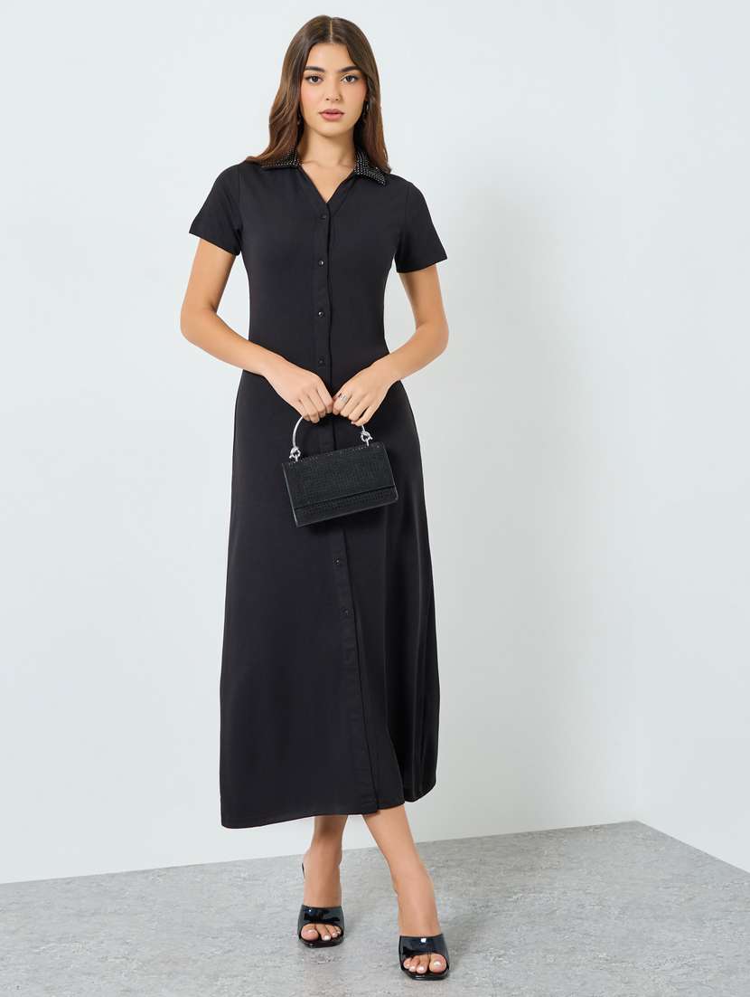 women solid collared short sleeve shirt dress