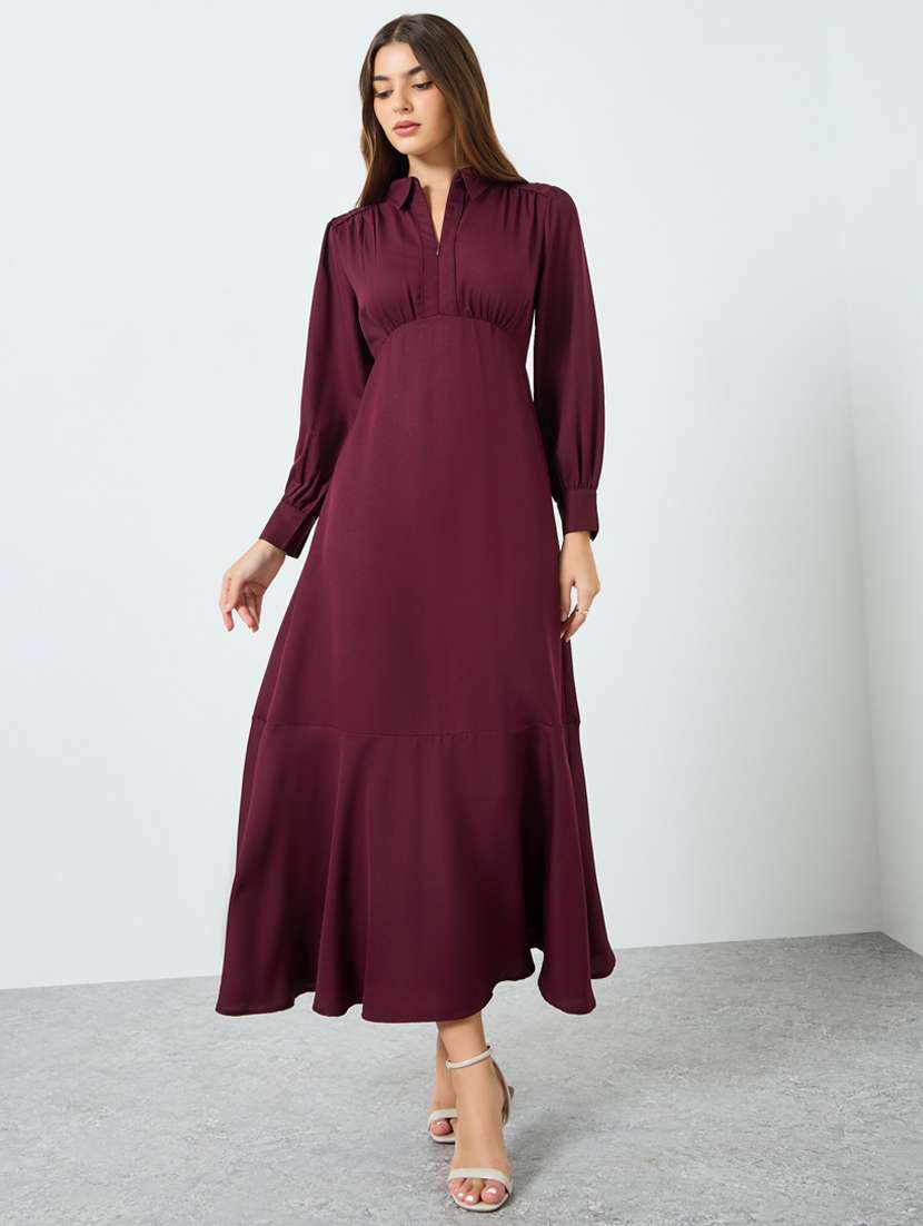 women solid collared bishop sleeve a-line dress - 22397849 -  Standard Image - 2