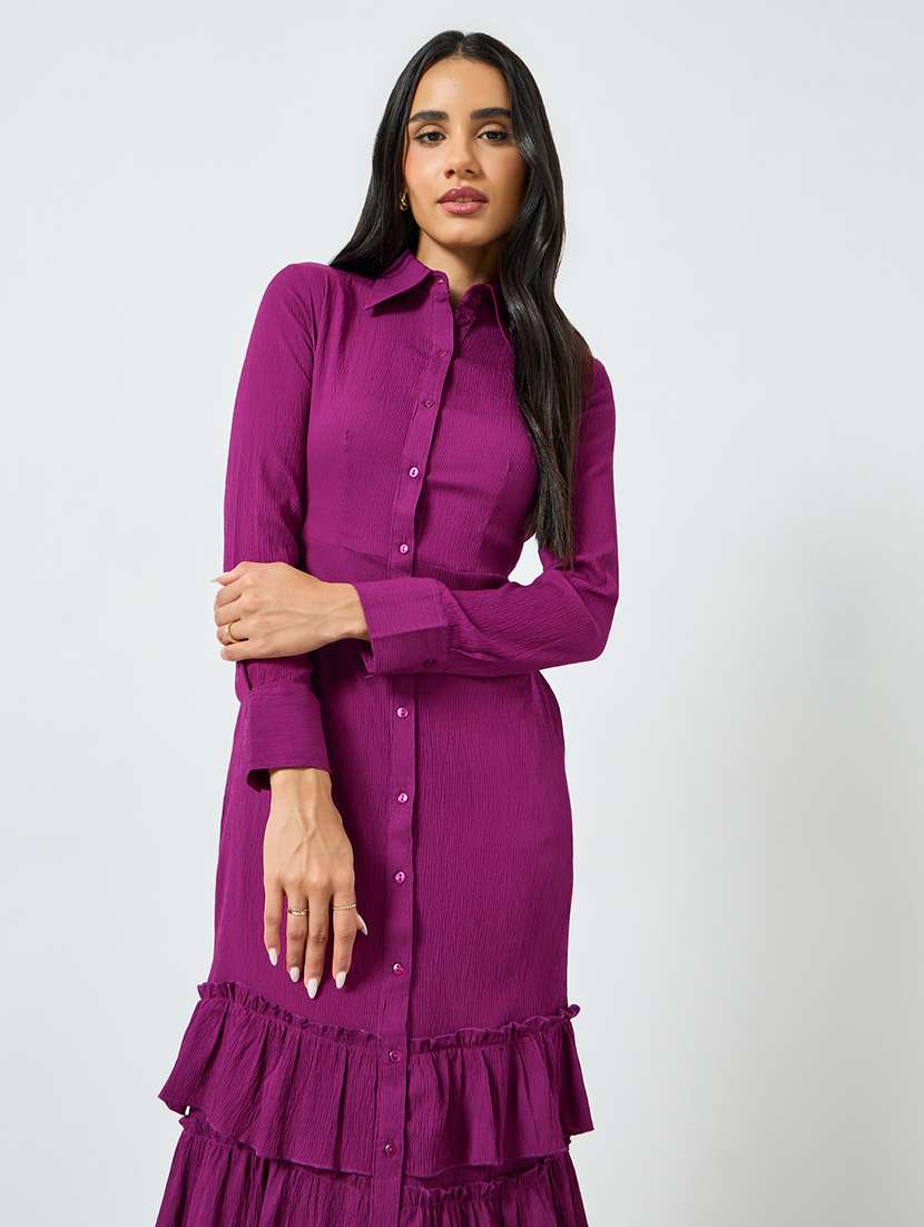 women solid collared long sleeve ruffle dress - 22397852 -  Standard Image - 2