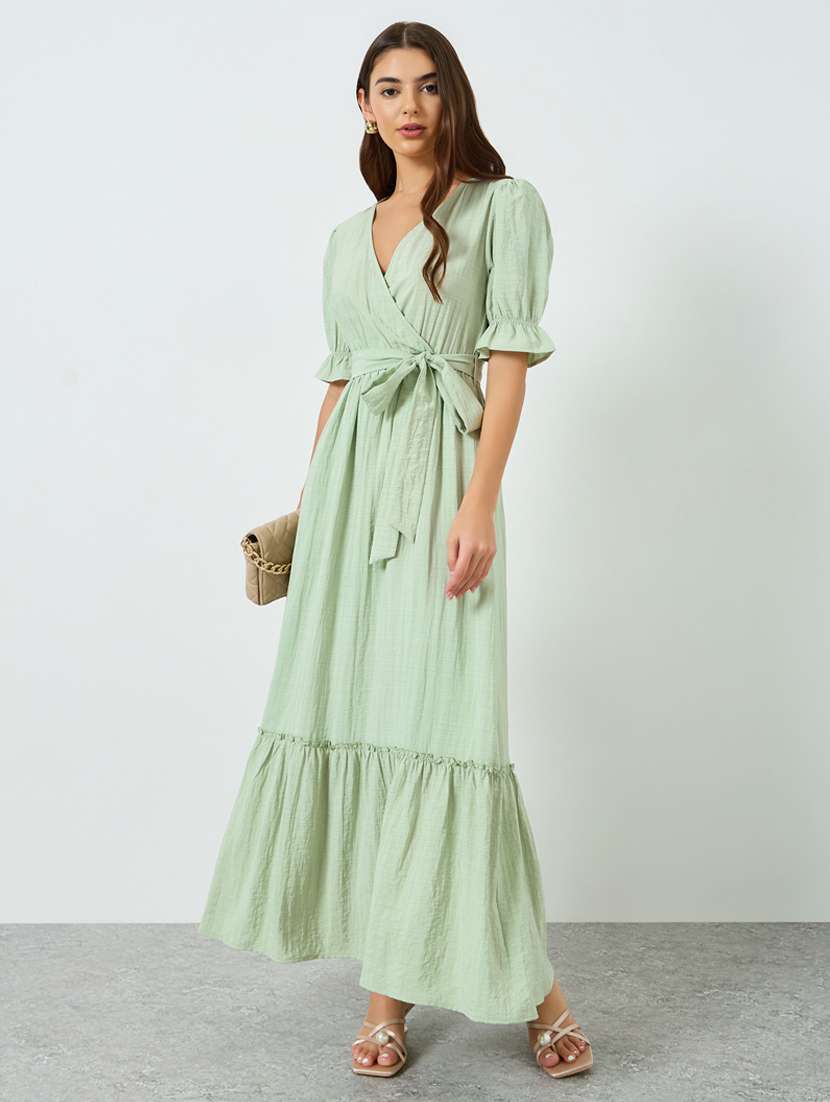 women solid puff sleeve tiered dress