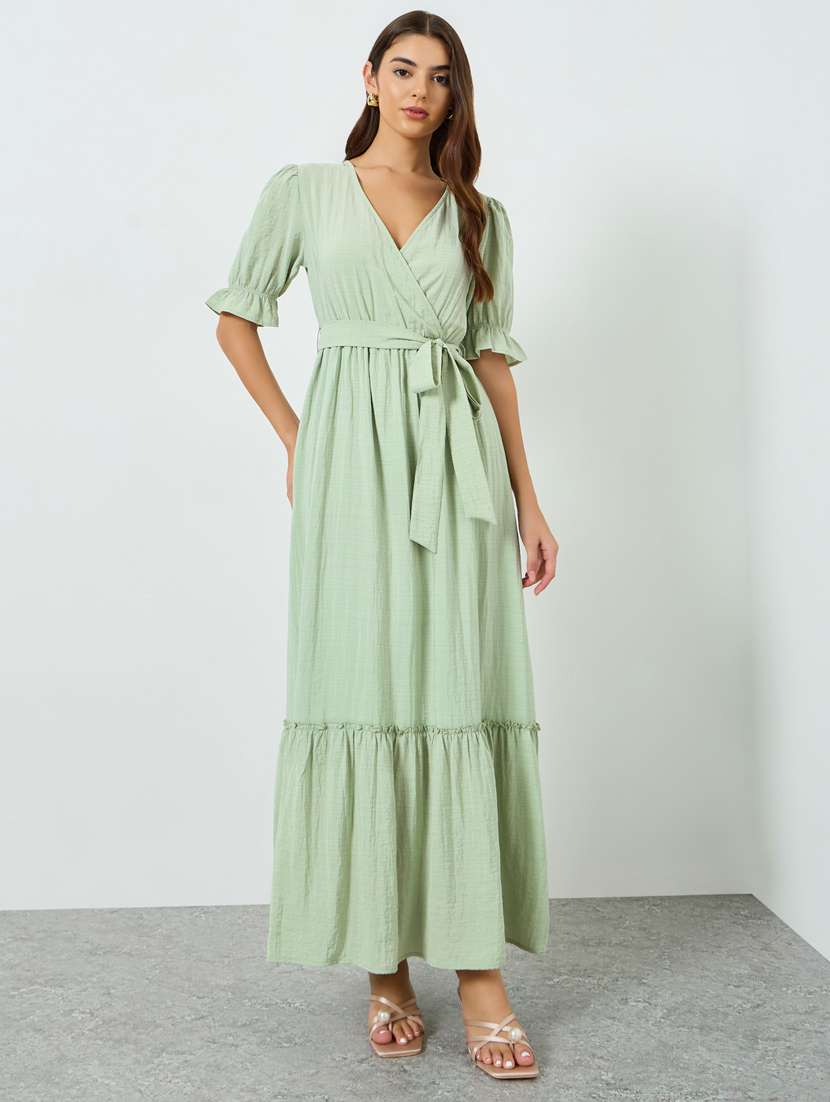 women solid puff sleeve tiered dress - 22397863 -  Standard Image - 2