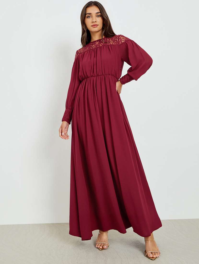 women solid bishop sleeve  fit & flared dress - 22397865 -  Standard Image - 2