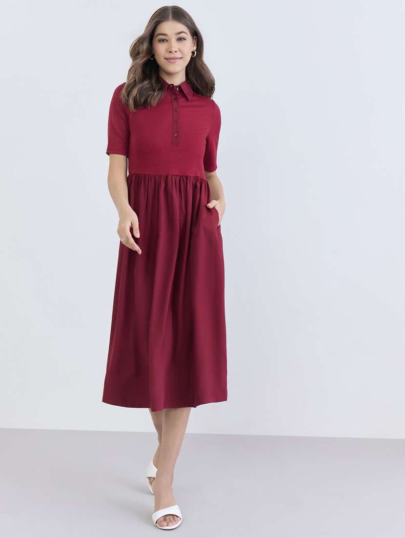 women solid collared short sleeve a-line dress - 22397869 -  Standard Image - 2