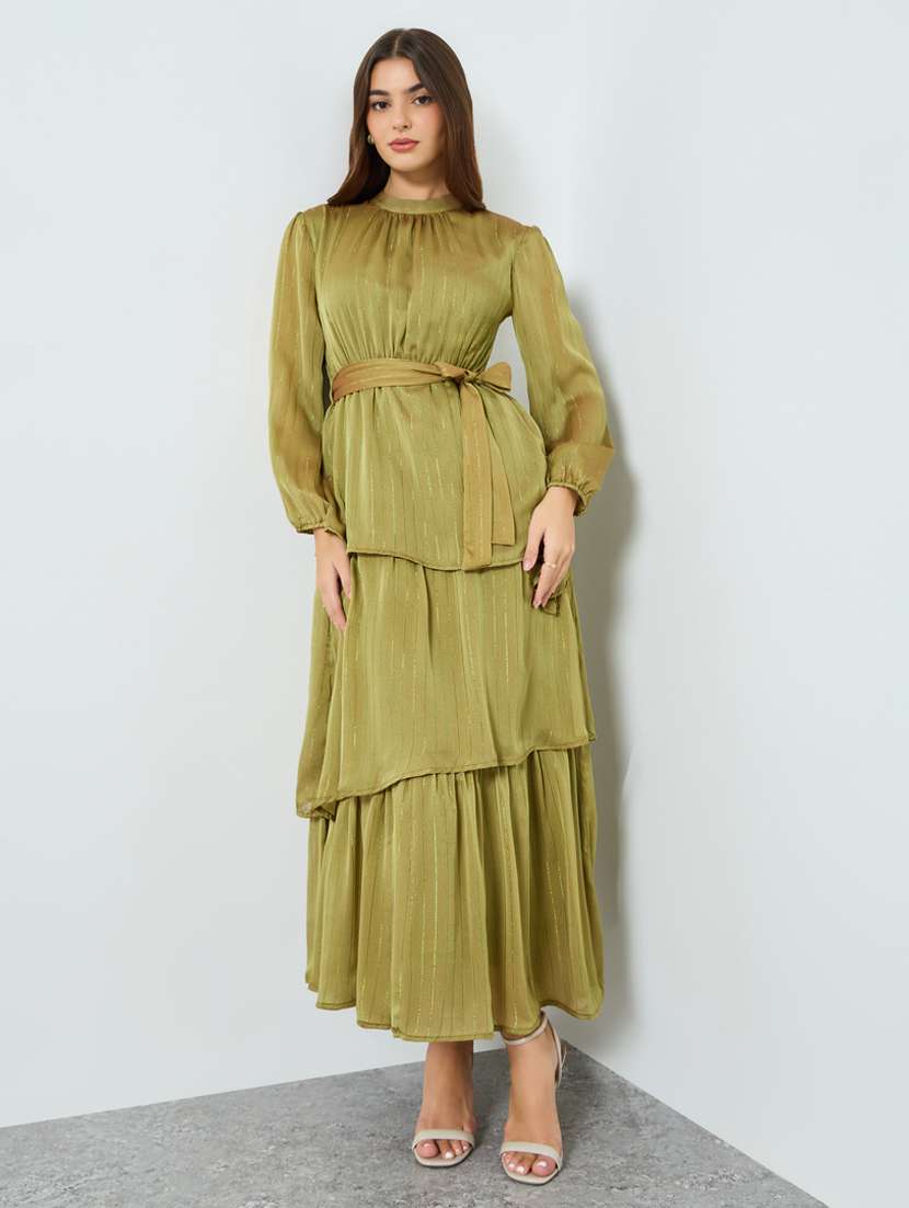 women solid bishop sleeve layered dress