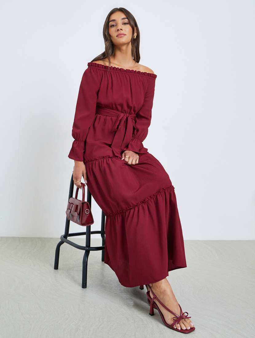 women solid off shoulder long sleeve tiered dress