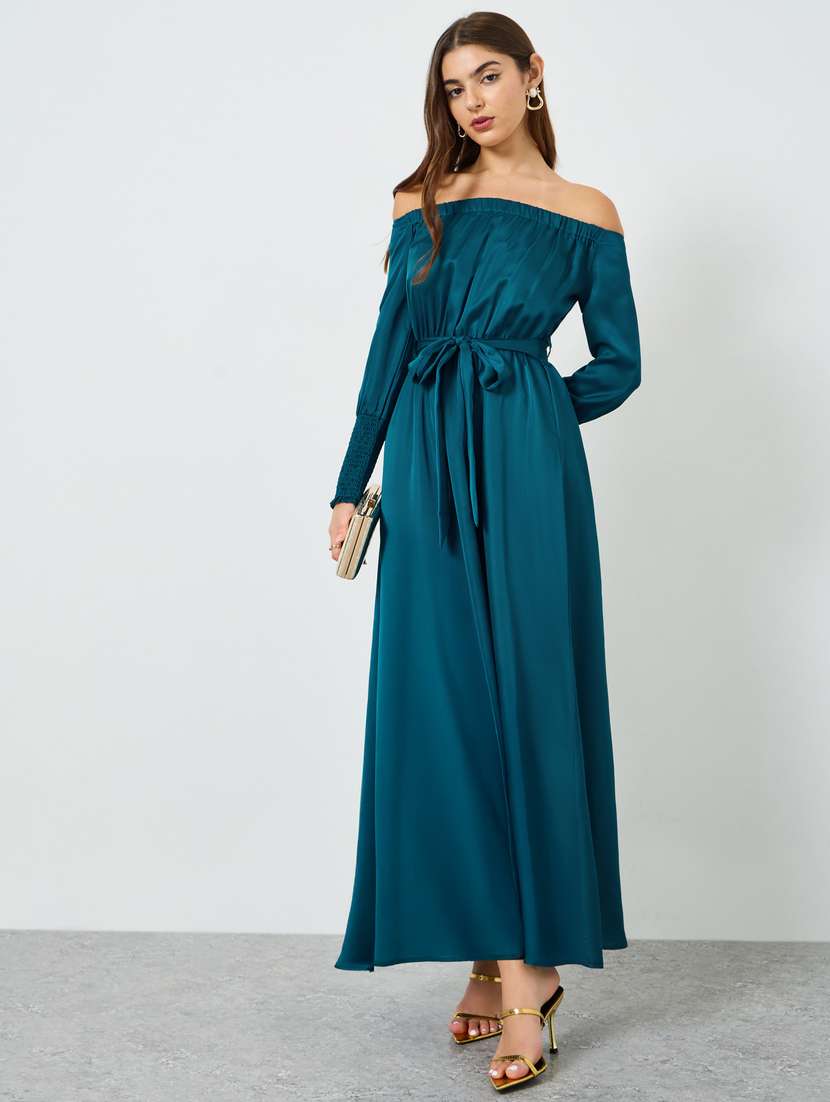 women solid off shoulder long sleeve a-line dress