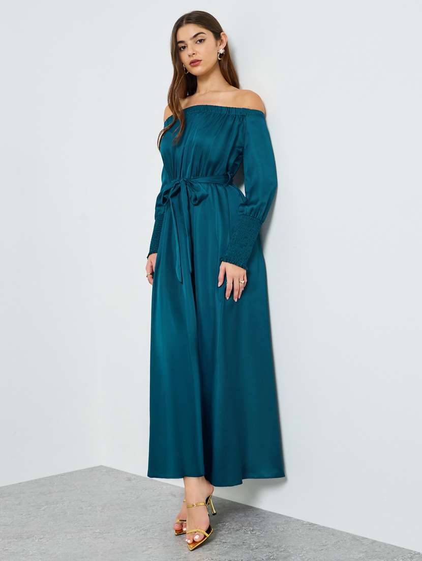 Women Solid Off Shoulder Long Sleeve A-line Dress - 22397874 -  Standard Image - 2