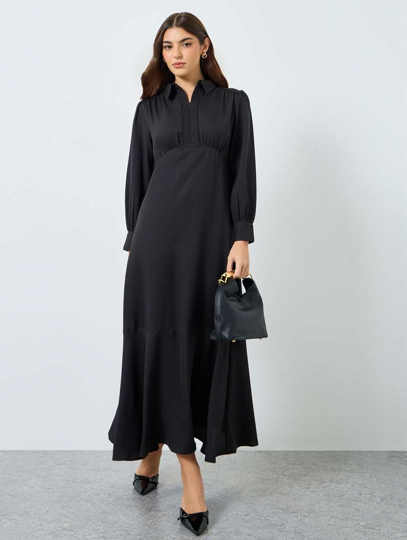 women solid puff sleeve fit & flared dress 