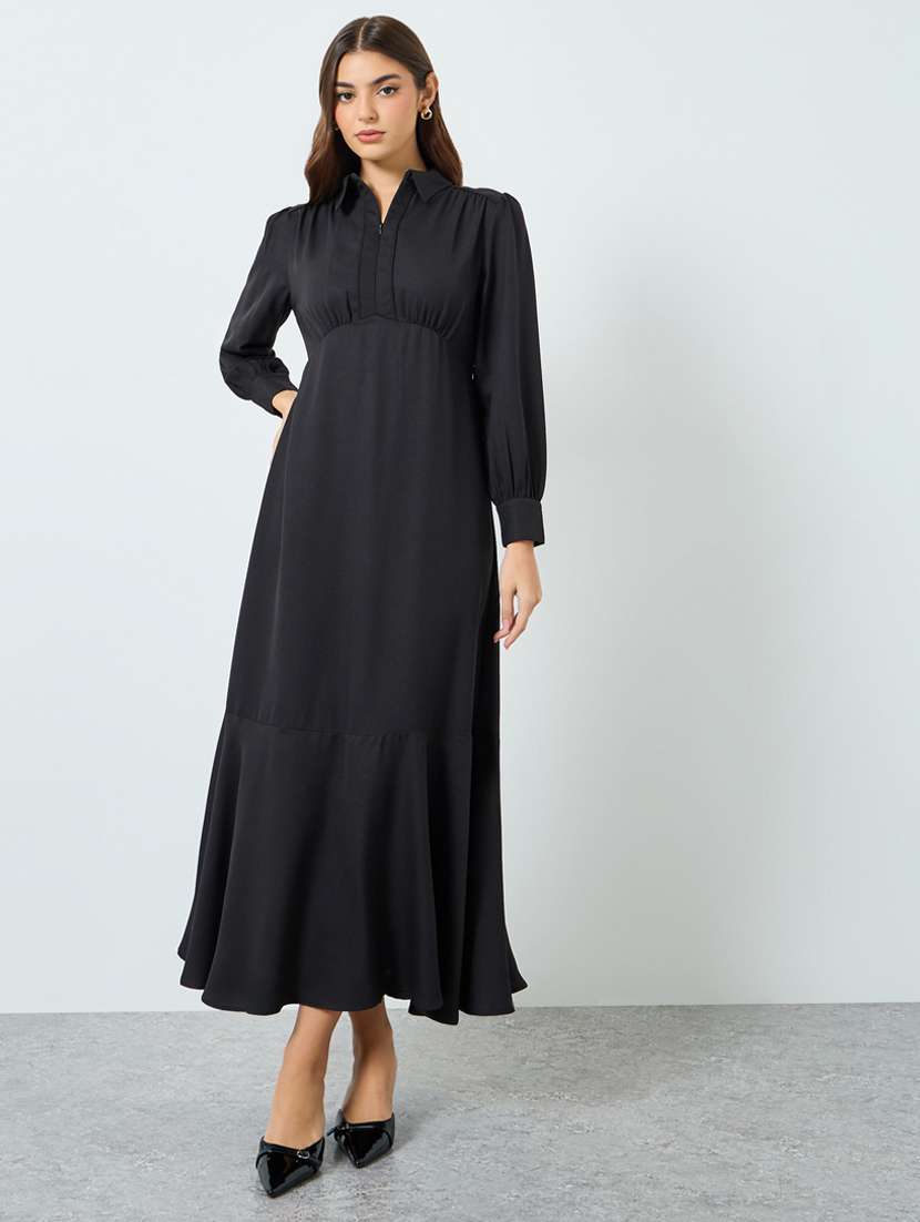 women solid puff sleeve fit & flared dress  - 22397878 -  Standard Image - 2