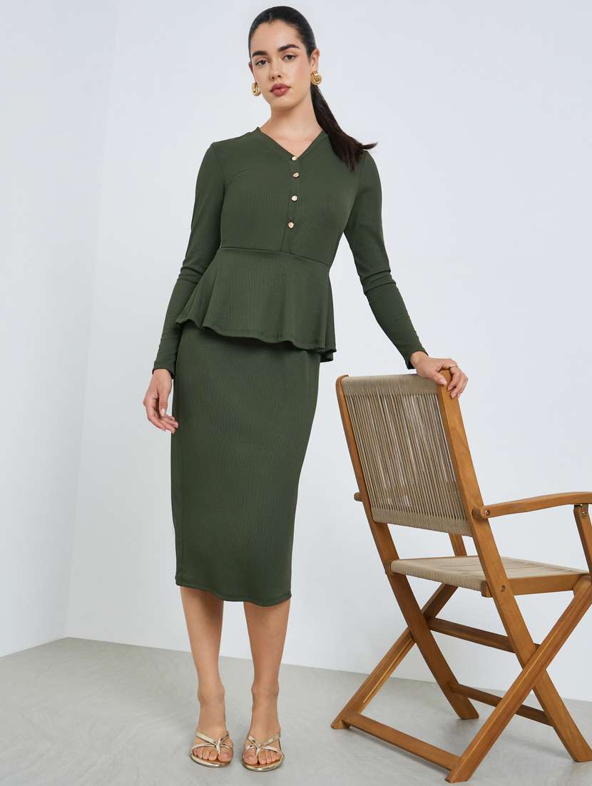 women solid long sleeve peplum dress