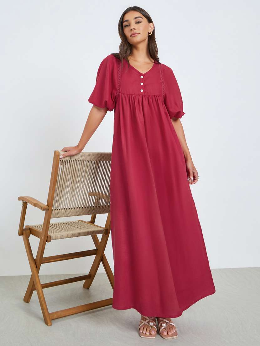 women solid puff sleeve a-line dress