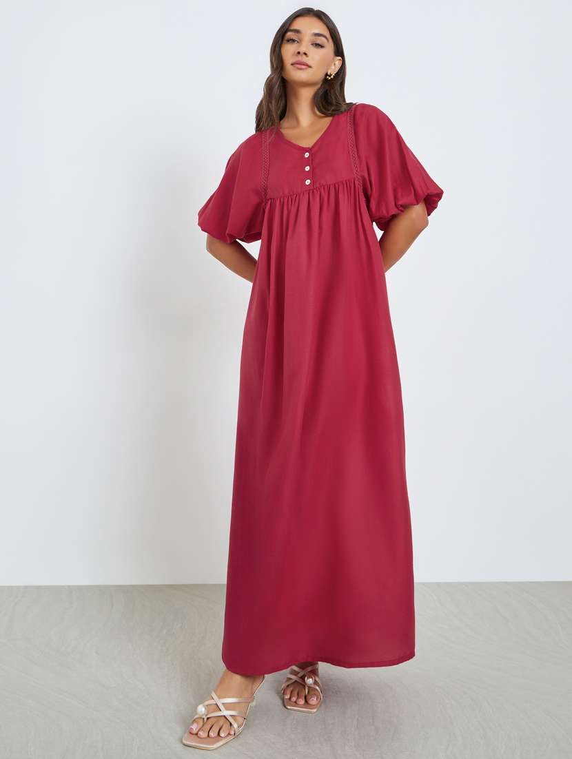 women solid puff sleeve a-line dress - 22397893 -  Standard Image - 2