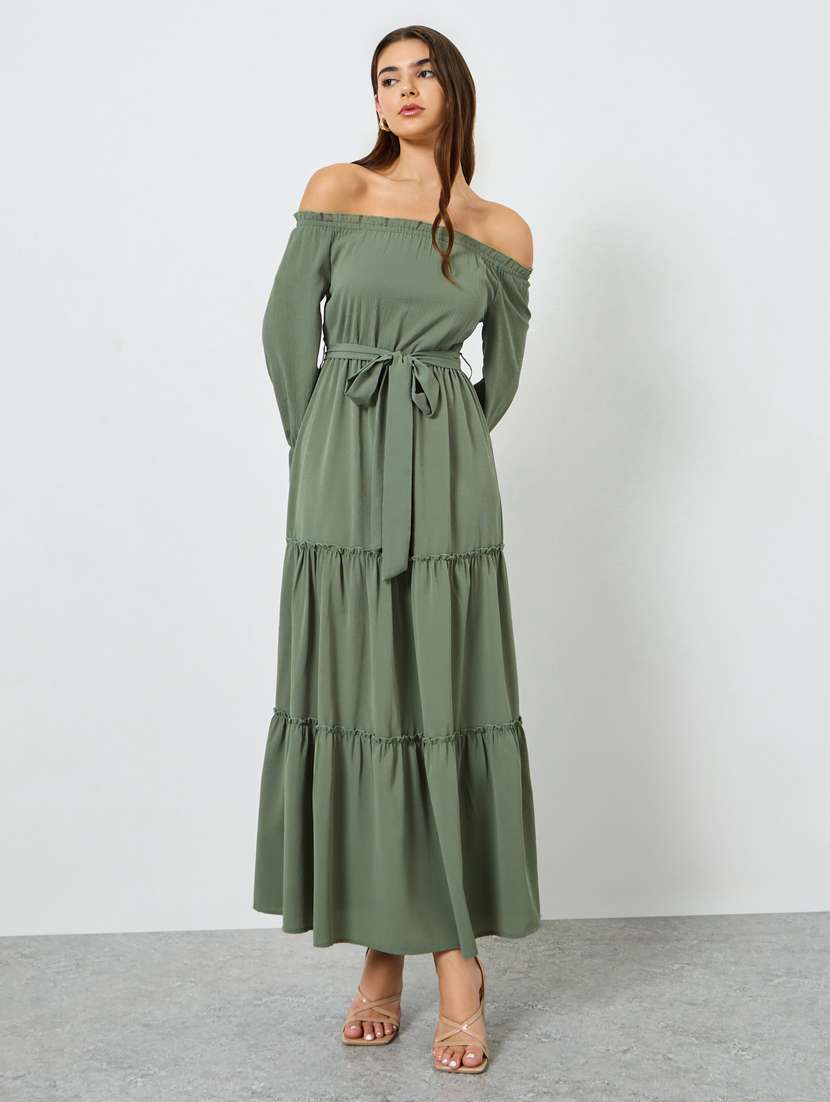 women solid off shoulder bell sleeve tiered dress - 22397894 -  Standard Image - 2