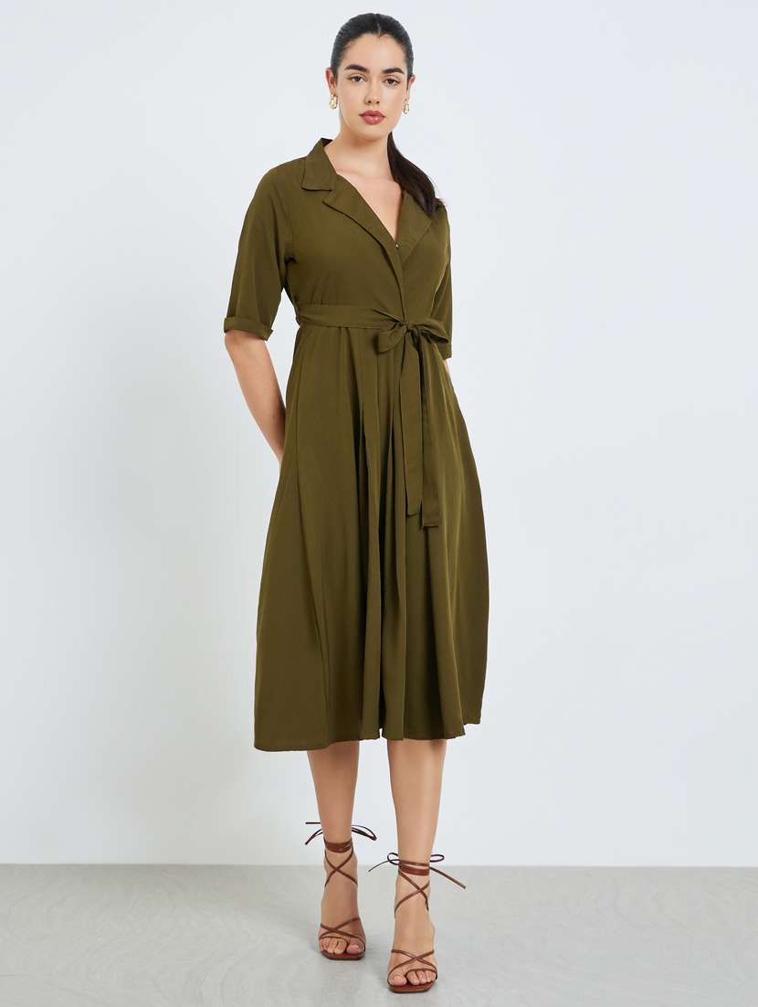 women solid lapel neck short sleeve a-line dress - 22397895 -  Standard Image - 2