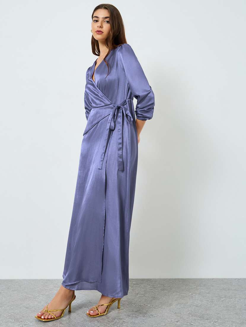 women solid long sleeve wrap dress - 22397900 -  Standard Image - 2