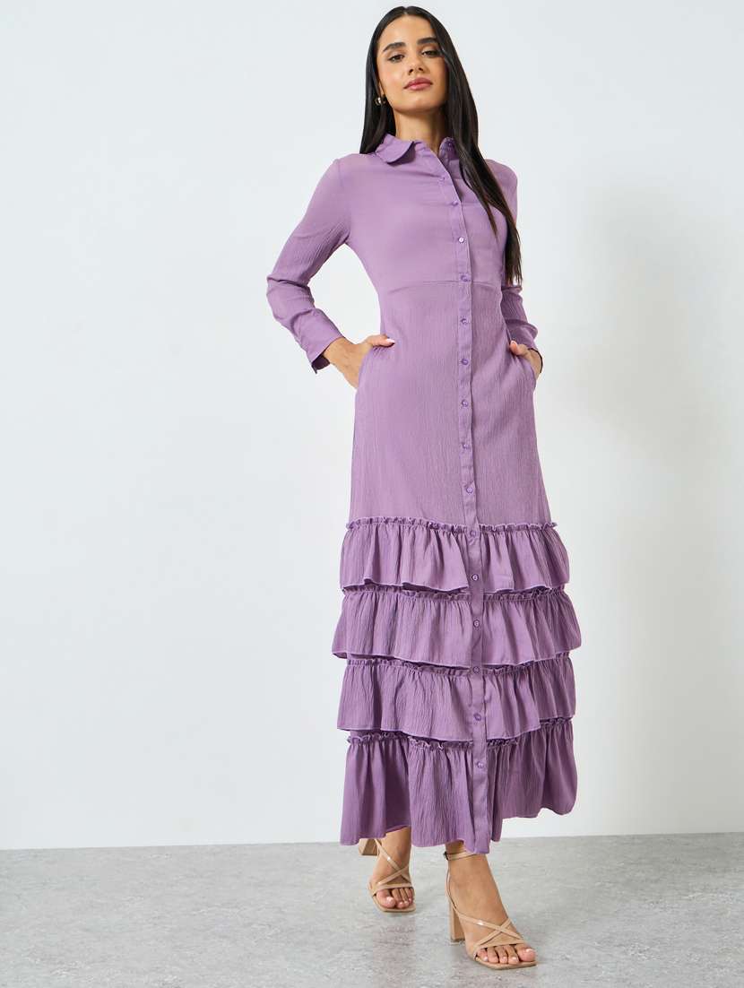 women solid collared long sleeve ruffle dress - 22397903 -  Standard Image - 2