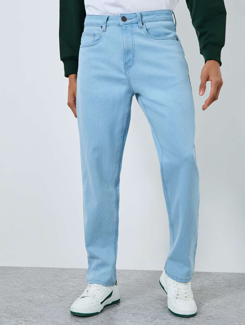 men plain mid rise full length tapered jeans