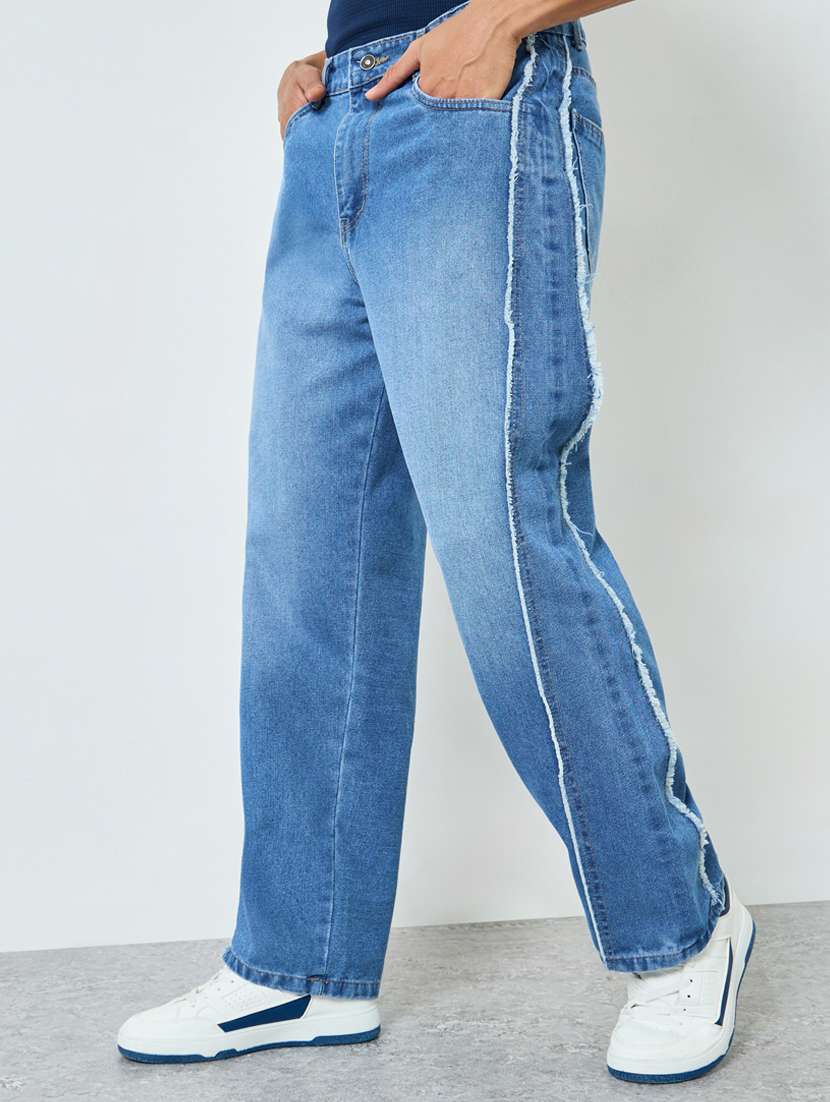 men washed mid rise full length straight jeans