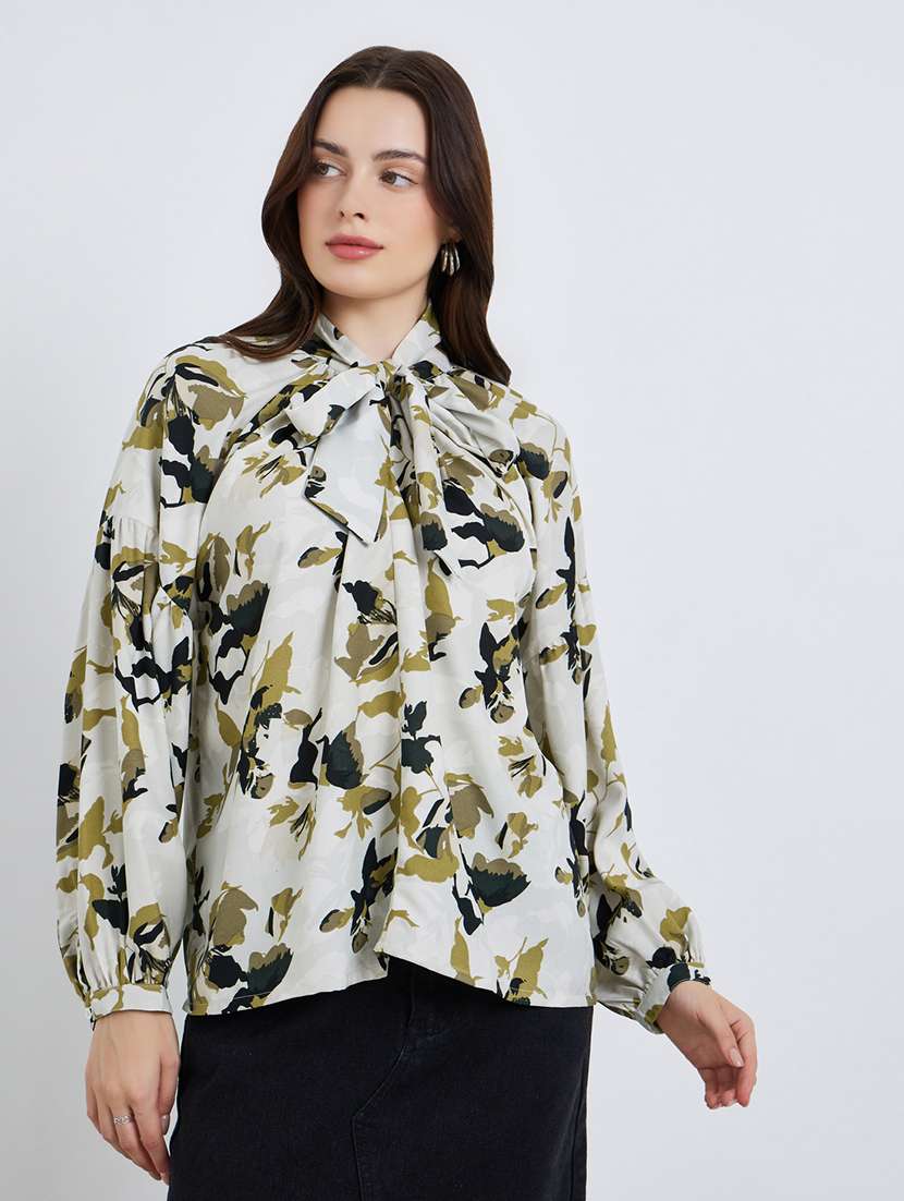 women printed tie-up neck puff sleeve top - 22397987 -  Standard Image - 2