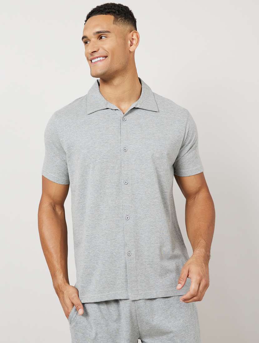 men solid short sleeve sleepwear top bottom set  - 22398011 -  Standard Image - 2