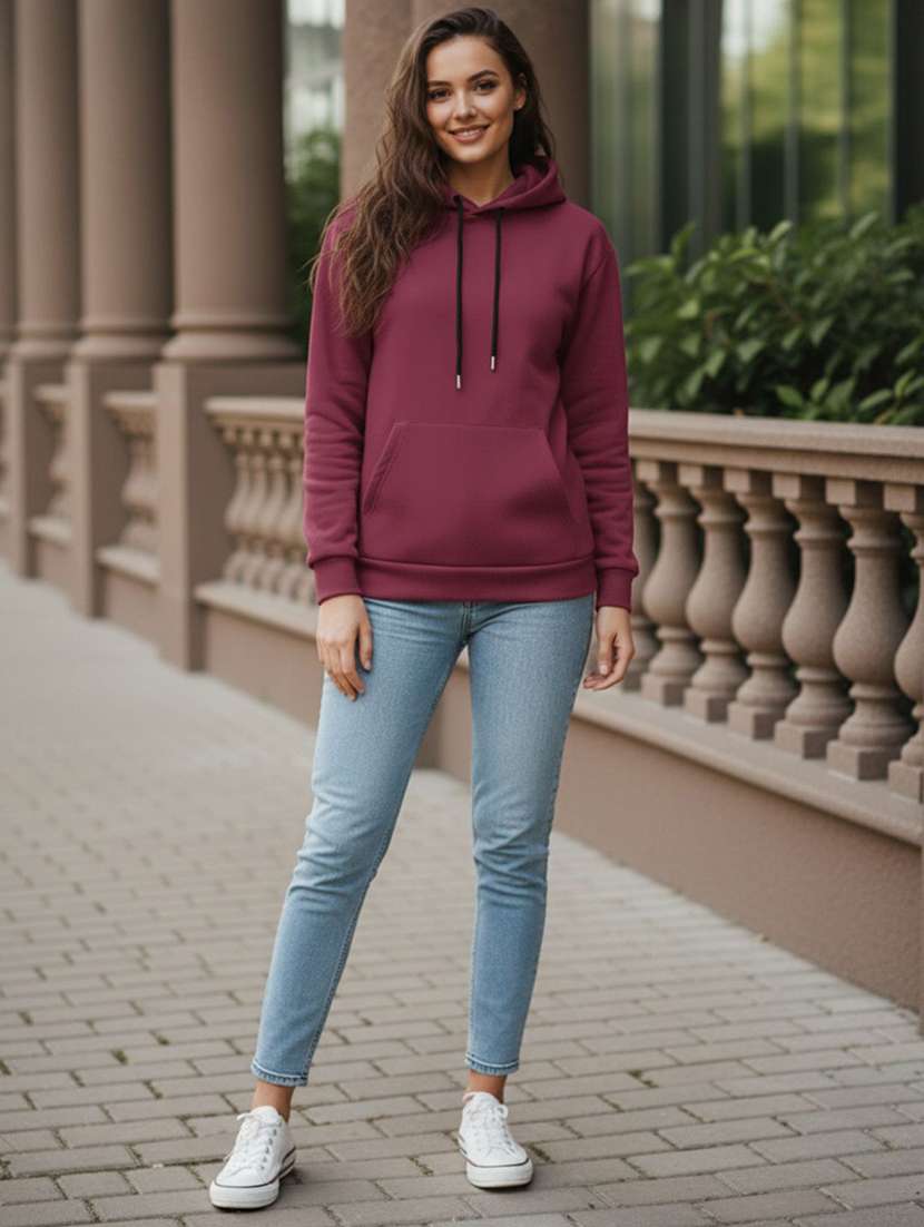 women solid long sleeve hooded sweatshirt - 22399230 -  Standard Image - 2