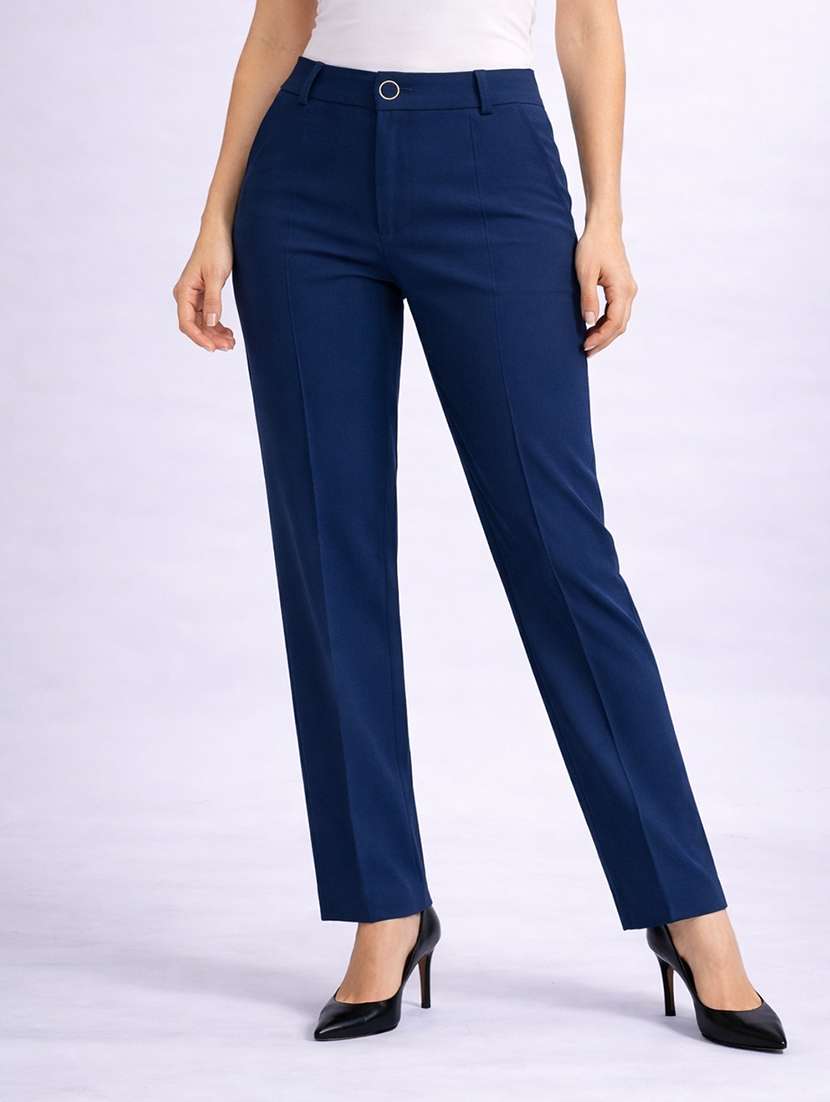 women solid high rise straight trouser
