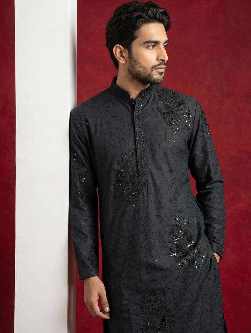 men solid with work mandarin neck kurta pyjama set - 22399468 -  Standard Image - 2