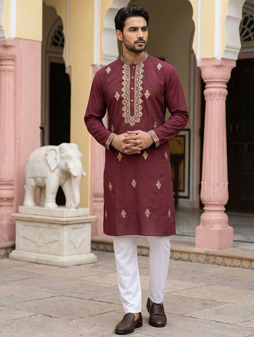 men solid with work mandarin neck kurta pyjama set