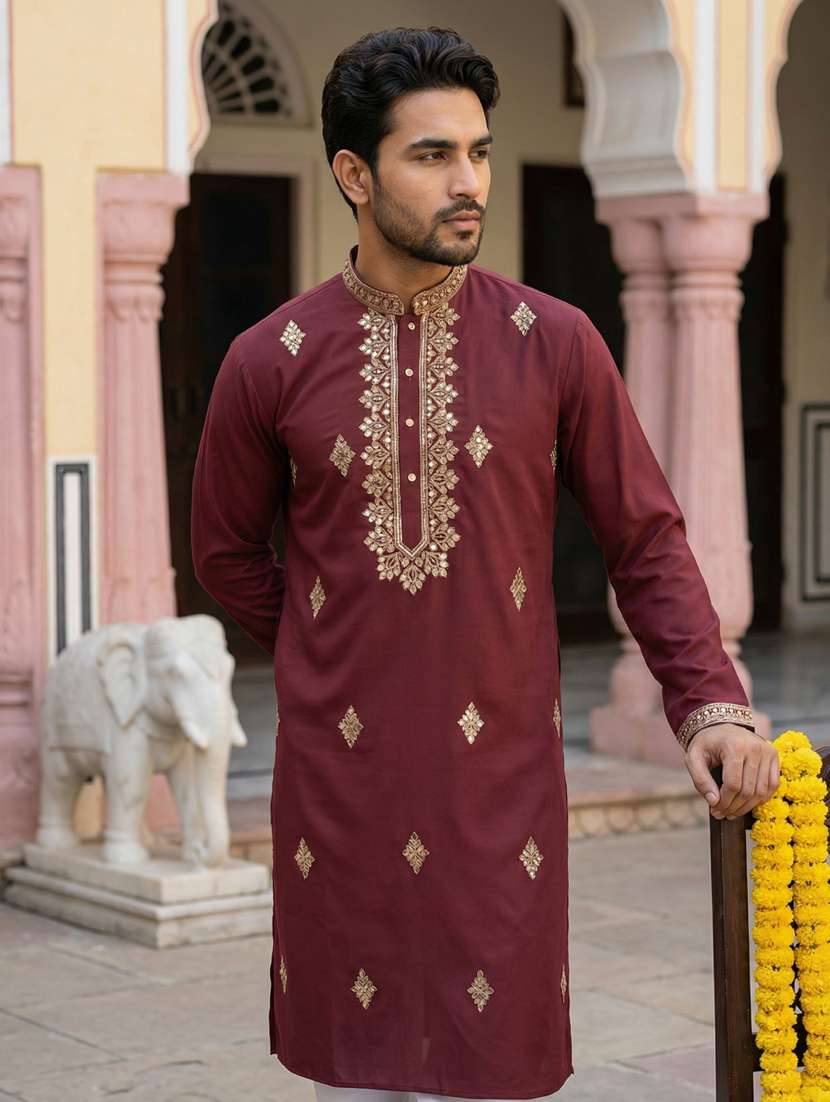 men solid with work mandarin neck kurta pyjama set - 22399470 -  Standard Image - 2