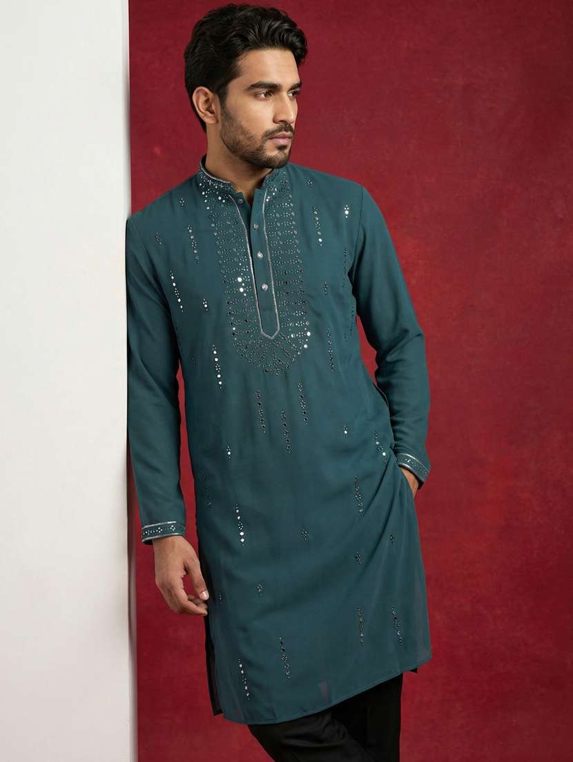 men solid with work mandarin neck kurta pyjama set - 22399472 -  Standard Image - 2