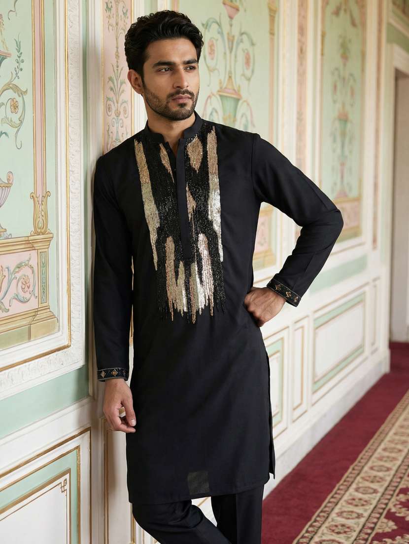 men solid with work mandarin neck kurta pyjama set - 22399476 -  Standard Image - 2