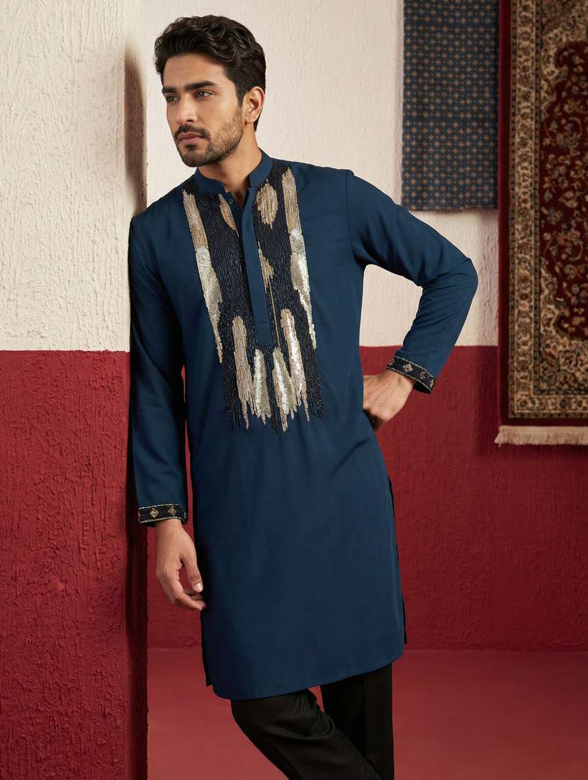 men solid with work mandarin neck kurta pyjama set - 22399477 -  Standard Image - 2