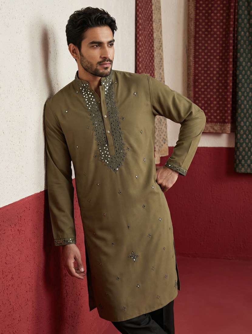 men solid with work mandarin neck kurta pyjama set - 22399481 -  Standard Image - 2